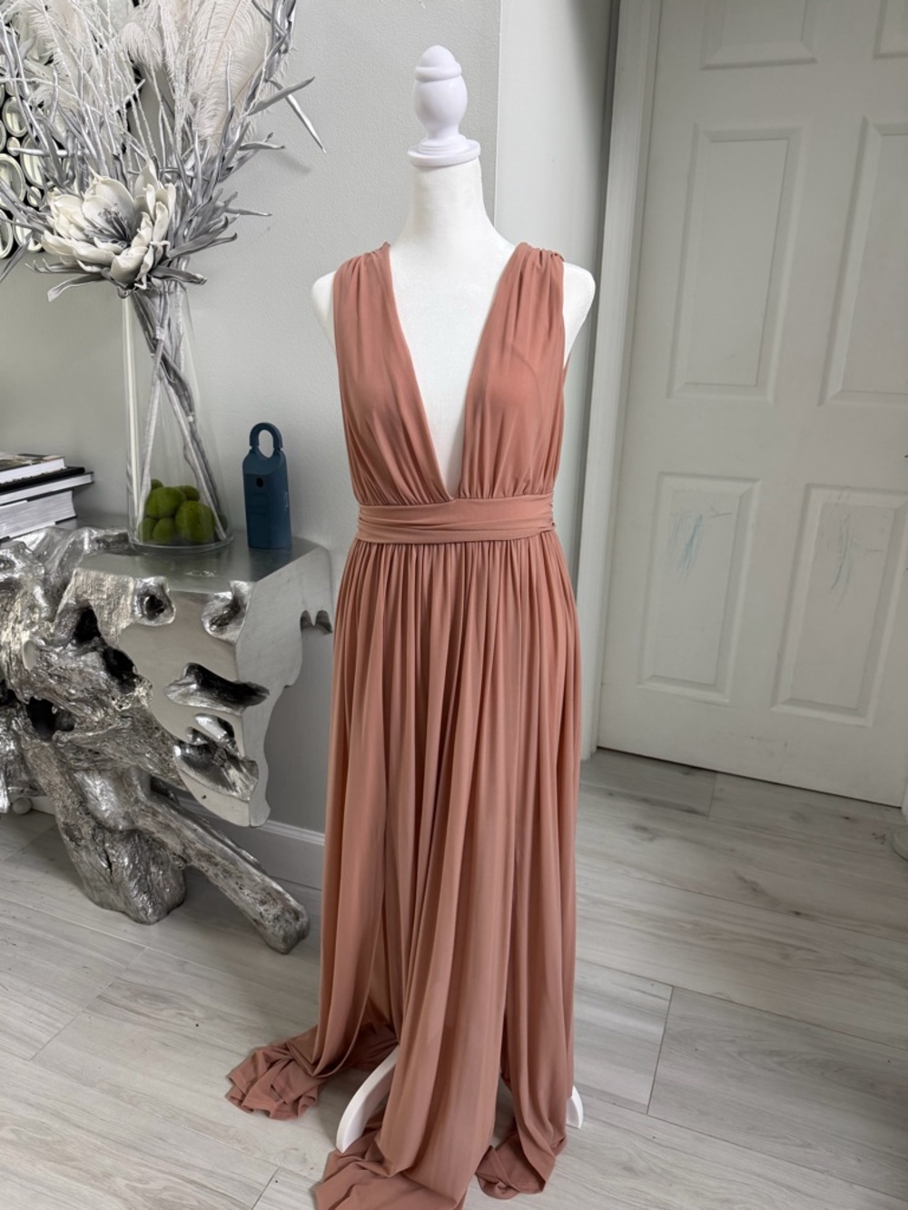 Windsor Sleeveless Deep V Maxi Dress in Dusty Peach